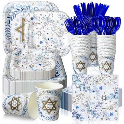 Suttmin 350 Pcs Hanukkah Paper Plates and Napkins Set 9 Inch 7 Inch Disposable Durable Dinnerware Menorah Star of David Chanukah Party Supplies Tableware Serve 50 Guest Cups Knife Forks Spoon