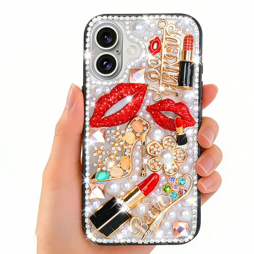Bonitec Compatible with iPhone 16 Plus Bling Case for Women Girls Luxury 3D Diamond Crystal Rhinestone Lipstick Lips High Heels Floral Sparkle Pearl Glitter Protective Girly Cute Designer Clear