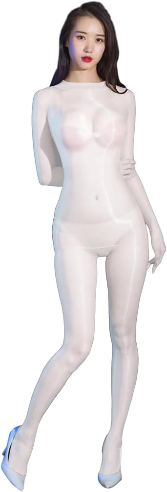 LESOYA النساء الرجال 1 D التراثين لامعة لامعة Bodystocking رؤية من خلال محض Bodysuit Catsuit Attatched 5 قفازات الاصبع
