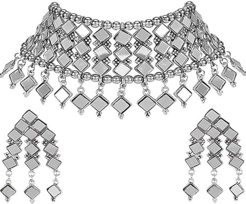 Oxidized Silver Bollywood Style Mirror Choker Fashion Jewelry Necklace Set For Women