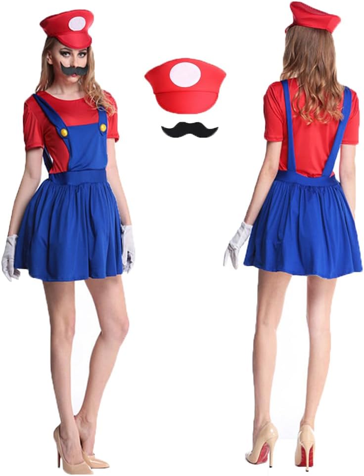 IDOTTA Halloween Plumber Costume Outfits for Kids Adult Unisex Cosplay Fancy Dress up with Bros Hats Cap Mustaches Halloween Cosplay Carnival