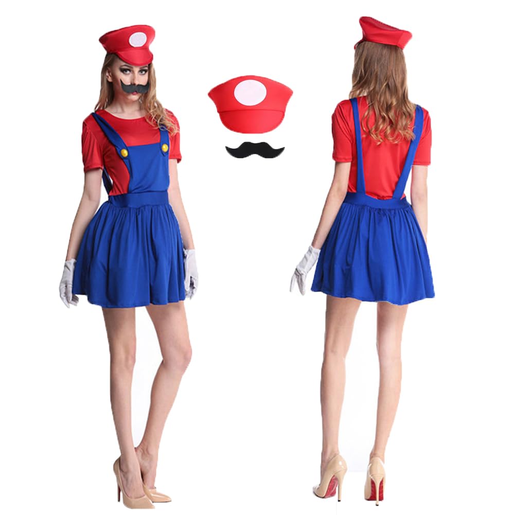 IDOTTA Halloween Plumber Costume Outfits for Kids Adult Unisex Cosplay Fancy Dress up with Bros Hats Cap Mustaches Halloween Cosplay Carnival