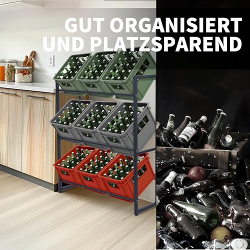 DFENG Getränkekistenregal für 9 Kästen Getränkeregal Metall 3 Ebenen Getränkekistenhalter Kistenständer Standregal Bierkistenregal Wasserkistenregal Kistenregal Schwarz, 98x31x114.5 cm