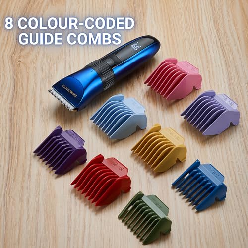 BarberBoss Kabelloser, selbstschärfender Bart- und Haarschneider, wasserdicht, mit Keramikklingen, LED-Display, schnelles Aufladen und 8 farbigen Kamm-Aufsätzen QR-2082