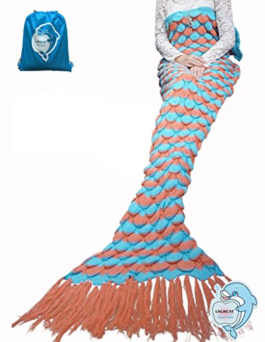 LAGHCAT Mermaid Tail Blanket with Tassels Knit Crochet Mermaid Blanket for Adult,Sleeping Blanket (71