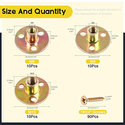 120Pcs Brad Hole Tee Nut with Screws Assortment Kit M6 M8 M10 Carbon Steel T-Nuts Zinc Plated Round Base Female Thread Screw-in Furniture Hardware