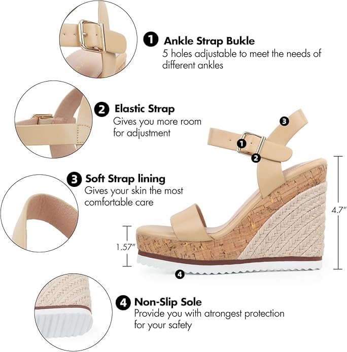 Image of Wedge Sandals for Women Espadrilles, Women's Wedges Sandals Square Toe Adjustable Ankle Strap Buckle Comfortable High Heel Beach Shoes with Cushioned Footbed for Casual Summer