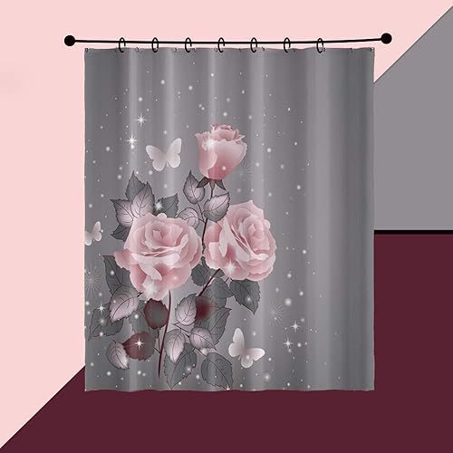 Miniatura 4 de OERJU Cortina de ducha floral con puntos brillantes, hojas de rosa florecientes, mariposa, elegante cortina de baño gris, patrón impreso 3D, tela de