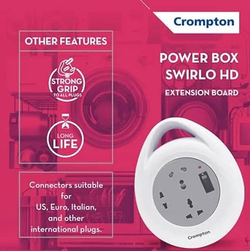 Image of Crompton Powerbox Swirlo HD Extension Board, 16A Load Capacity, 3 Sockets - 1 Heavy Duty 16A, 1 Universal, 1 Two-Pin, Strong Grip Connections, White