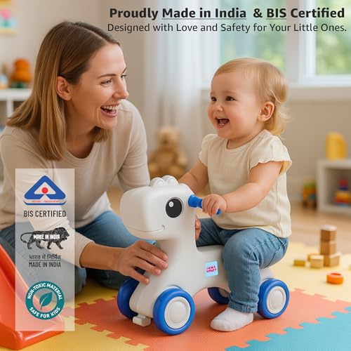 Image of Amazon Brand - Jam & Honey Baby Pony Push Ride-On | for Kids 1-4 Years Old | Non-Toxic | Durable and Safe | Upto 20kgs Weight | Blue & Grey