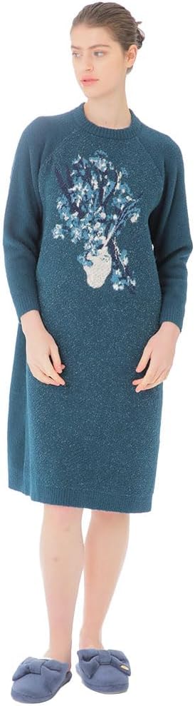 [ナルエー] ナイトシャツ モールニットゴッホフラワーワンピース レディース