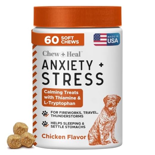 Chew + Heal Dog Calming Treats - 60 Soft Chews, Anxiety Supplement - Stress Relief Thiamine and L-Tryptophan for Travel, Storms, Fireworks - with Ginger and Melatonin - Made in The USA