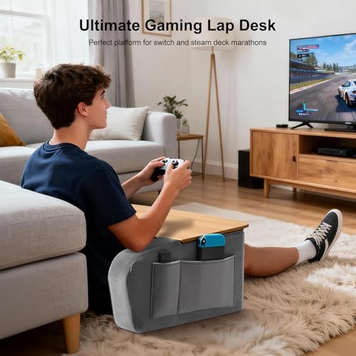 Image of OPTIXCELL Lap Desk with Arm Rests, Ergonomic Laptop Stand for College Dorm | Curved Desktop and Dual Armrests, 40kg Capacity, Dual Pockets, Reading Writing Gaming Eating, Bed Couch Floor Dorm Room