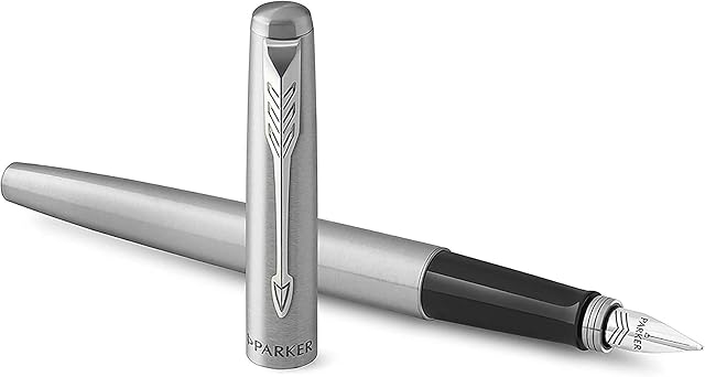Parker Jotter Fountain Pen | Stainless Steel with Chrome Trim | Medium Nib Blue Ink | Gift Box