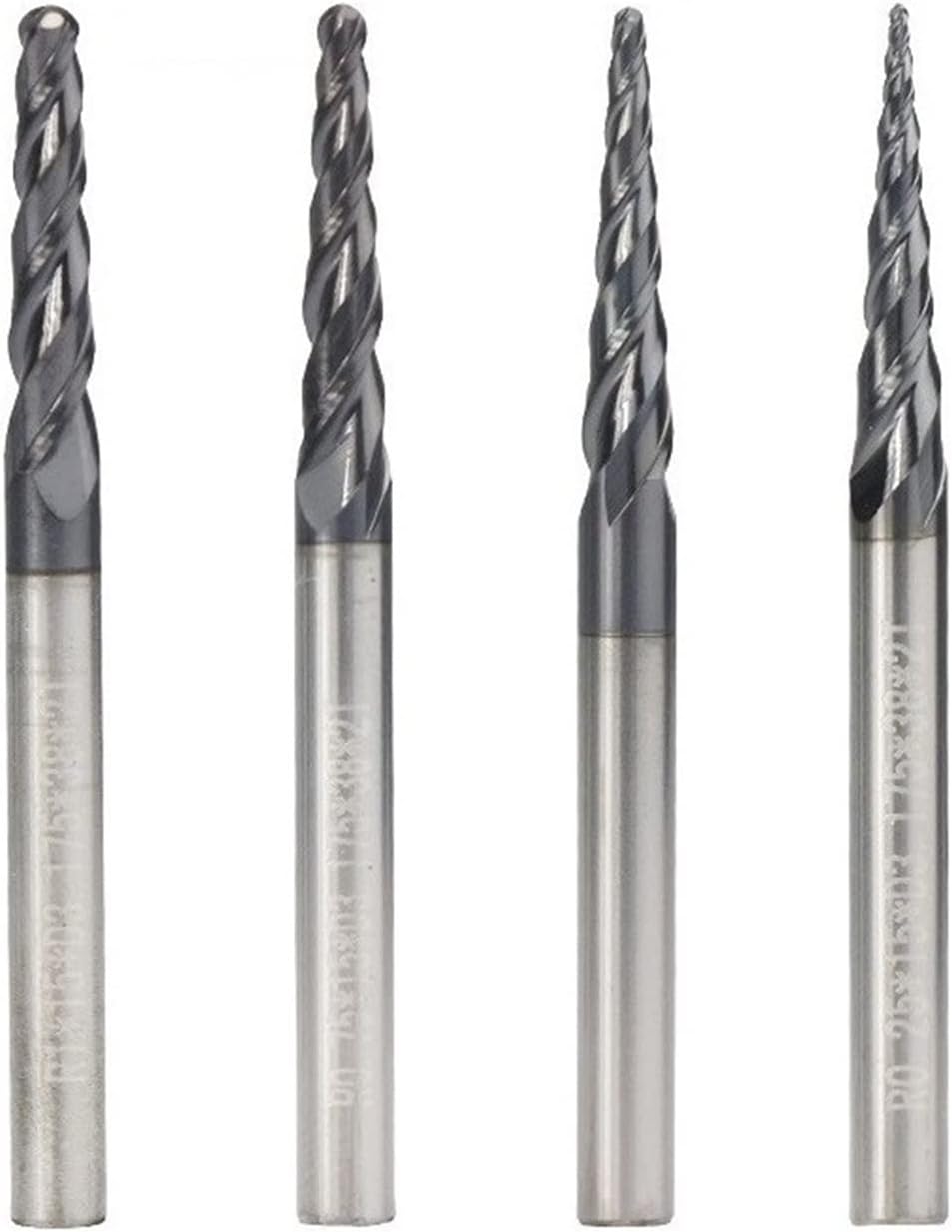 4pc Tapered Ball Nose End Mill Tungsten Carbide Milling Cutter CNC Router Bit 2 Flute Tungsten Solid Carbide Ball Nose Taper Milling Cutter for Wood Metal Cone CNC Router Bits