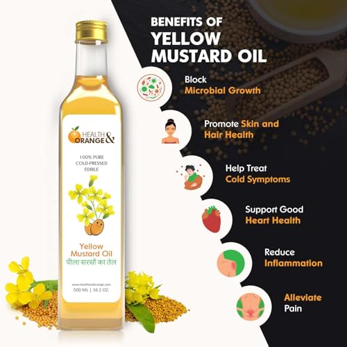 Image of Health and Orange H&O Yellow Mustard Oil-100% Pure Cold Pressed Edible Peeli Sarson Ka Tel-500 Ml Glass Bottle