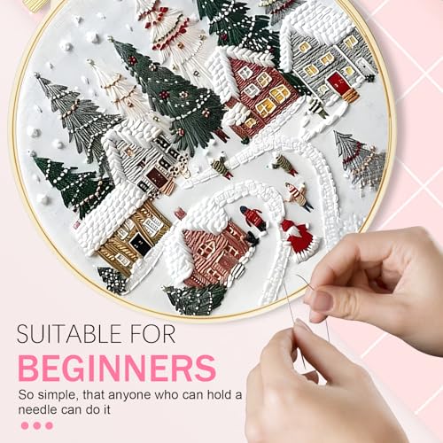Image of Huacan Embroidery Kit for Beginners Adults, Easy Needlepoint Kits for Adults with Stamped Embroidery Patterns. (Village)