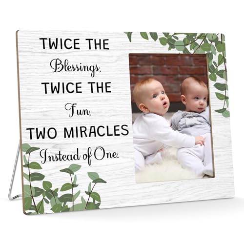 Image of Twins Picture Frame Baby Twin Gifts Pregnancy Announcement Photo Frame Twin Boys Girls Gift for Babies Parents Twins Gifts for New Mom Dad Grandma Grandpa Wooden Picture Frames 4x6 Inch Photo