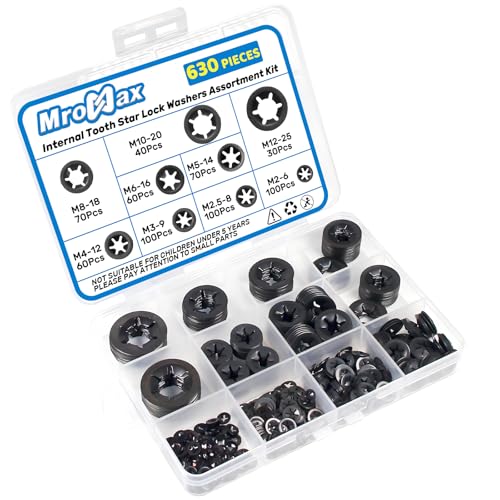 MroMax 630Pcs Internal Tooth Star Lock Washers 9 Sizes Quick Speed Locking Washers Assortment Kit 65Mn Steel Push on Retaining Clips Fasteners Black Oxide Finish M2 M2.5 M3 M4 M5 M6 M8 M10 M12