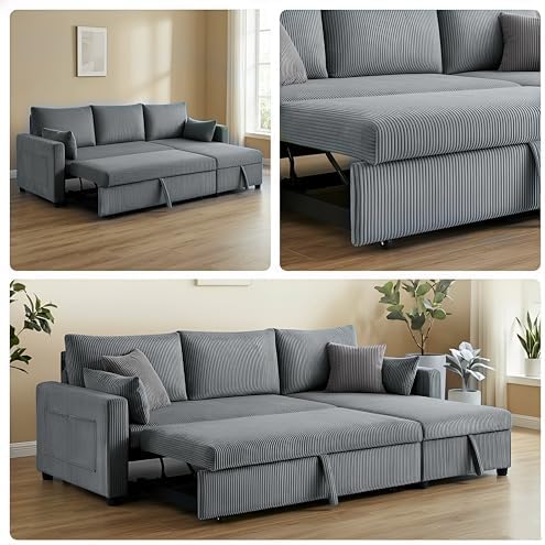Trygoal 85" 3 Seats Sectional Sleeper Sofa with 3 in 1 Pull Out Bed, Gray image 4