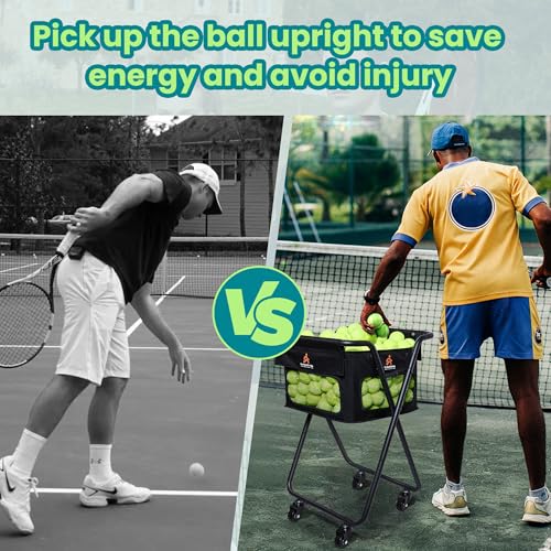 TurboStride Tennis & Pickleball Cart - 140 Ball Capacity Hopper with Quick-Detach Bag, 4 Smooth Swivel Wheels & Foldable Frame for Easy Court Transport and Compact Storage