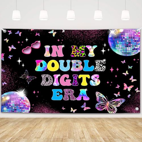 MEHOFOND 10th Birthday Decorations for Girl Banner, in My Double Digits Era Backdrop, Iridescent Girl Music Disco Theme Birthday Party Decorations Photo Booth Props 6x3.6ft