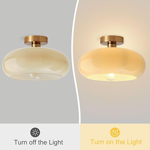Miniatura 6 de Lámpara de techo de latón empotrada de mediados de siglo, moderna lámpara de techo dorada cepillada de vidrio amarillo leche semiempotrada, lámpara