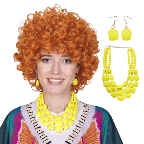 ColorGround 2 Pcs Pack Short Fluffy Orange Wig with Yellow Necklace for Women