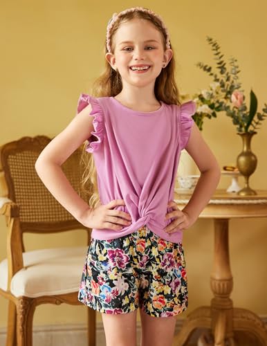 Image of Arshiner Girls Shorts Sets 2 Pieces Outfits Twist Front Ruffle Sleeve T-Shirts and Shorts With Pockets Cute Clothes Sets