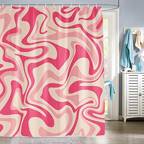 Cute Pink Beige Retro 70S Shower Curtain For Bathroom, Cute Abstract Swirls Vintage 1970S Hippie Bathroom Shower Curtain Sets, Aesthetic Minimal Waterproof Fabric Bathroom Accessories With Hooks #TOP1