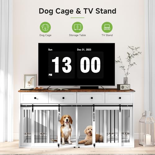 Real Relax 71” Large Dog Crate Furniture for 1 or 2 Dogs with Sliding Door, Heavy Duty Dog Kennel Furniture for Small/Medium Dogs with 4 Bowls, Dog Cage with Steel Frame, White by Real Relax - Image 2