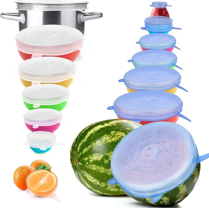 Image of Reusable Premium Silicone Stretch Lids for Food Storage, Flexible Elastic Heat-Resistant Silicone Bowl Covers, Cups, Cans, 6 Different Sizes, Keep Food Fresh Blue & White (18)