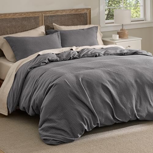 Bedsure Textured Duvet Cover King Size, Soft & Breathable Comforter Cover for All Season, 3 Pieces Wrinkle-Resistant Zipper Bedding with 8 Corner Ties, Dark Grey