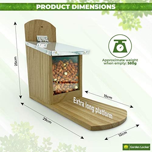 Garden Squirrel Feeder with Metal Roof - Natural Wood with Extra Long Feeding Platform - Great Outdoor Feeding Station for Encouraging Squirrels to your Garden