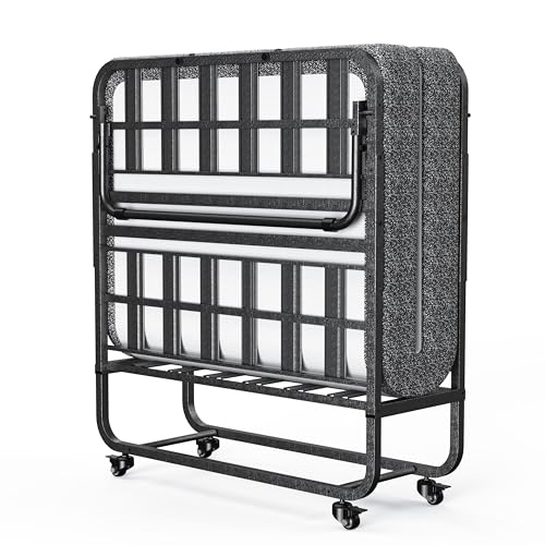 AbyssZen Folding Bed with Mattress, 75x38 Twin Bed Frame, Portable Foldable Roll Away Adult Bed for Guest, Twin Size- Space Saving Fold Up Bed for Easy Storage, TWINFB01