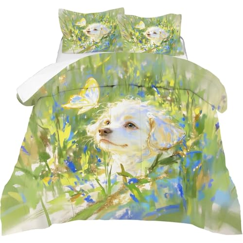 Image of Cute Dog Comforter Set Full Size Pet Puppy Animal Bedding Sets for Girls Boys Kids Adults Bedroom Decor Green Watercolor Quilt 1 Comforter 2 Pillowcases