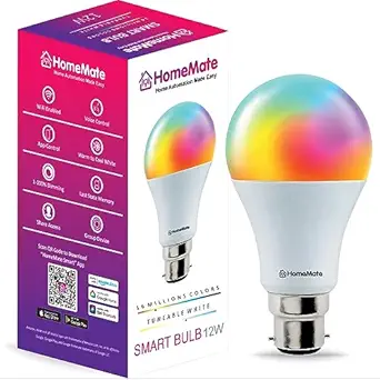 HomeMate Wi-Fi RGB+CCT Smart LED Bulb | 12 Watt, Music Sync | Last State Memory | 16 Million Colors | Warm and Cool White | Compatible with Alexa, Google Assistant & Siri (Base B22)