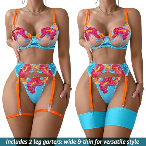Image of Lilosy Sexy Leaf Floral Embroidered Mesh Sheer Women Underwire Push Up Lingerie Set