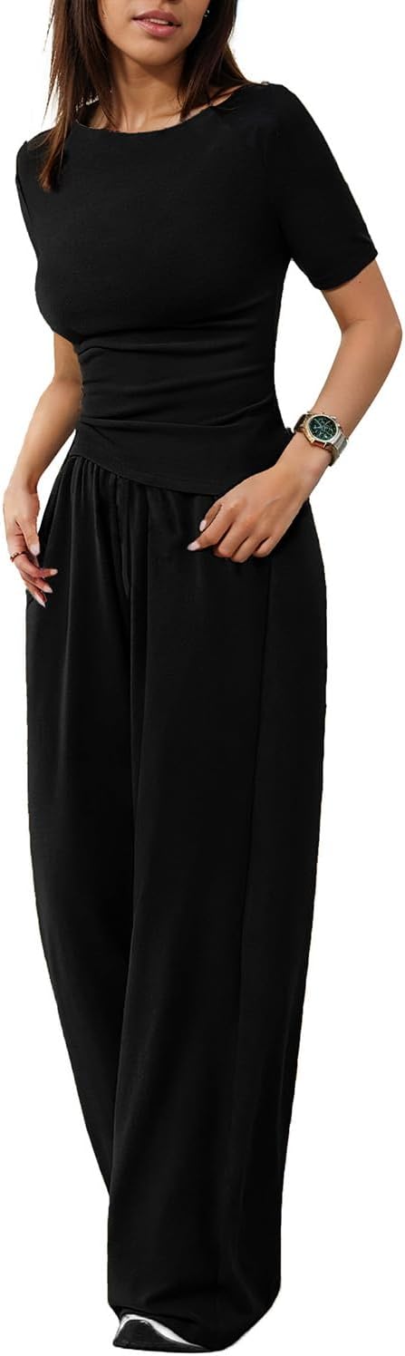 Asymmetrical women's 2 piece lounge sets short sleeve Outfits Comfy Loungewear Wide Leg Pants Casual summer Matching