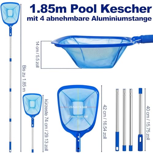 185 cm Pool Kescher, Poolkescher Fein mit Teleskopstange, Poolreinigung Pool Kescher Feinmaschig, Teichkescher für Schwimmbad, Teich, Algen & Bestway Pool, Aufstellpool, Planschbecken, Whirlpool