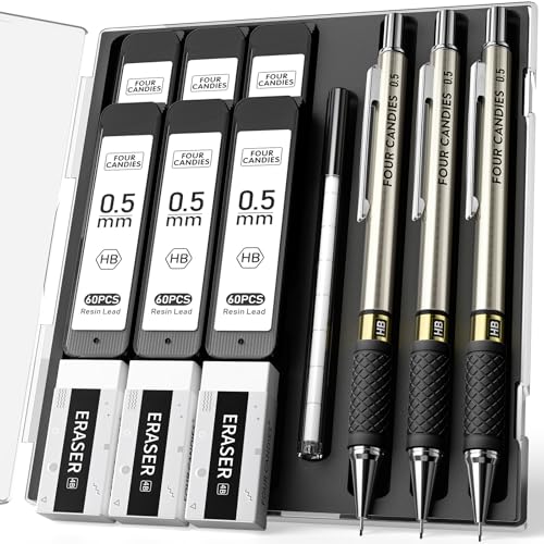 Four Candies Juego de 3 portaminas de metal de 0,5 mm con 360 minas HB, 3 gomas de borrar y estuche, portaminas para escribir y dibujar para ingenieros