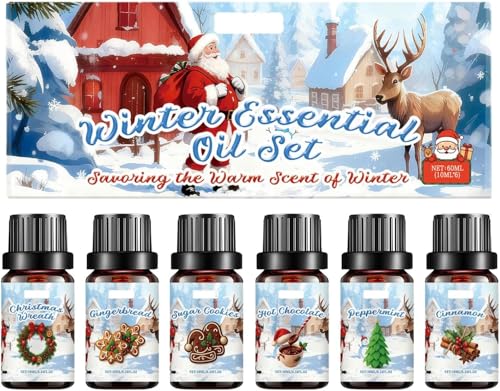Juego de 6 aceites esenciales de fragancia de invierno, para difusor, fabricación de velas y jabón, árbol de Navidad, canela, galletas de azúcar, chocolate caliente, menta, corona de Navidad, fuerte
