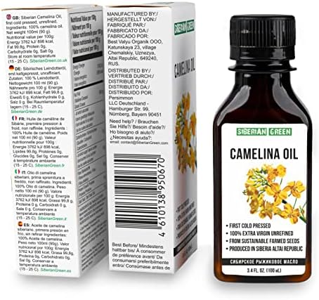 Siberian Camelina Oil | 100% Natural Extra Virgin Cold Pressed 100 ml / 3.4 fl oz | Unrefined Raw No-GMO Vegan | Exclusive Omega-3