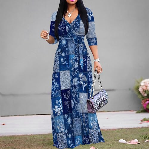 Image of SUZONANA Plus Size Dresses for Women Print Maxi Dresses Flowy 3 /4 Sleeve with Belt