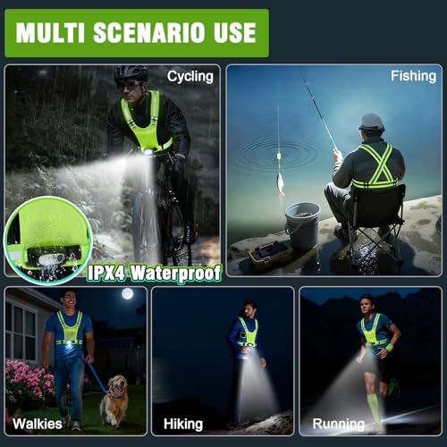 Running Lights for Runners, Reflective Vest with 3-Mode Motion Sensor Lights 45° Adjustable Tilt, 360° Reflective Running Vest with Storage Pocket for Night Walking/Cycling/Jogging/Hiking (Green)