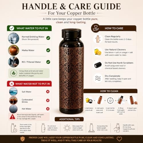 Image of Kin-Kart 100% Pure Copper Water Bottle 1 Liter | Leak Proof Ayurvedic Health Bottle | Eco-Friendly Drinking Bottle Boosts Immunity & Digestion Antique Design (ANTIQUE DOME NECK, COPPER)