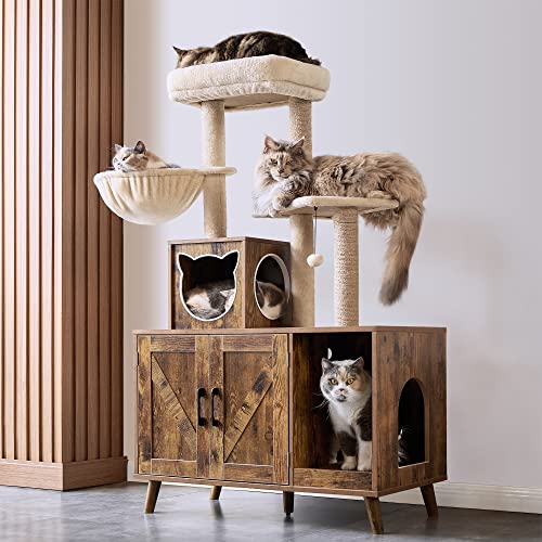 Enhomee Cat Tree With Wood Litter Box Enclosure Cat Tower For Indoor Cat Condo Modern Cat Trees And Towers For Large Cats Litter Box Hidden Furniture With Scratching Posts And Hammock Rustic Brown #TOP17