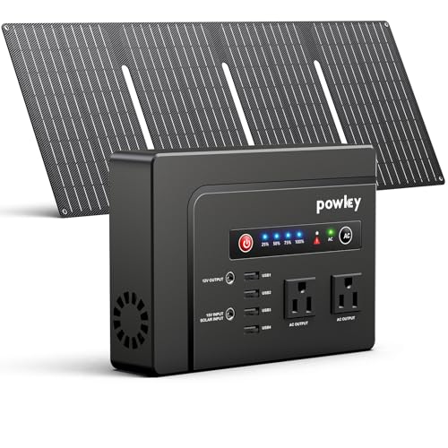 Image of powkey Solar Powered Generator, 200W Portable Power Station with Solar Panels 40W, 146Wh Power Bank with 2 AC Outlet 110V Pure Sine Wave for Outdoor Camping Emergency Home