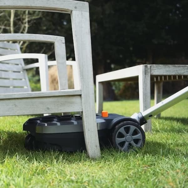 The Yard Force iFlex Urban lawn mower navigating under garden furniture.