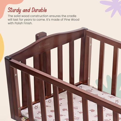 Image of Baybee Bumble Wooden Cradle for Baby | Baby Swing Cradle with Swing Lock Function, Infants Bassinet for New Born Babies with Fabric Wrapped Base | Wooden Kids Bed Crib for Babies Boy Girl (Deep Brown)